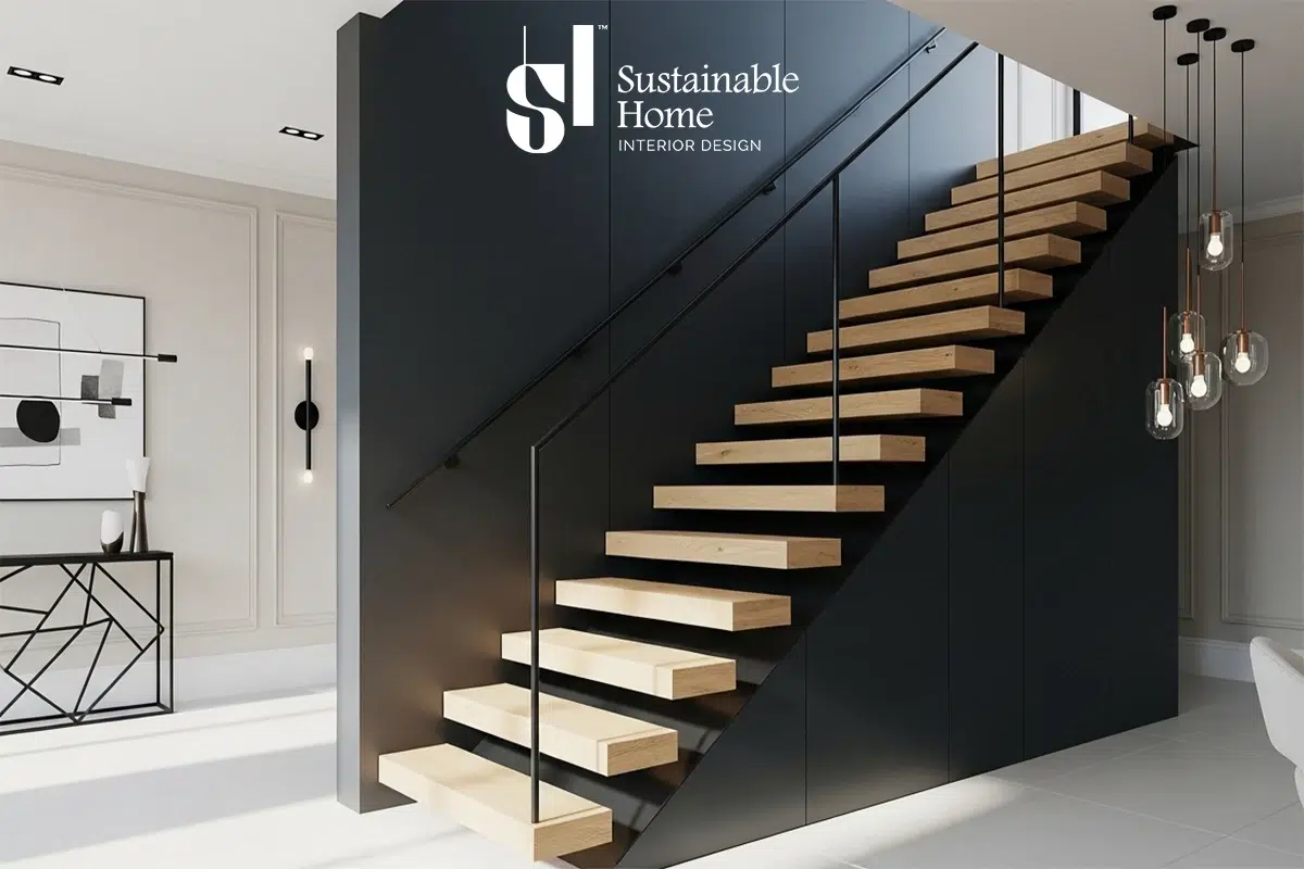 تنفيذ إضاءة ذكية ومستشعرات حركة في تصميم درج داخلي فخم بالرياض من المنزل المستدام