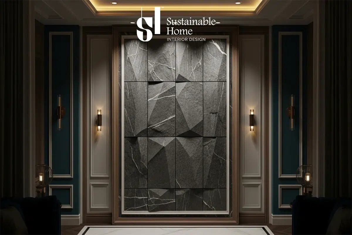 ديكور حجر داخلي للمنازل مودرن في الرياض 2026 يستخدم حجر الأردواز الرمادي كخلفية لشاشة التلفزيون مع إضاءة LED مخفية موفرة للطاقة