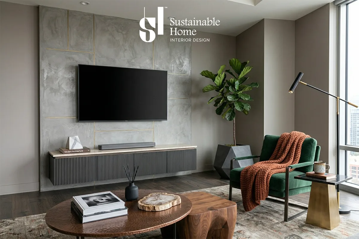 ديكور شاشة تلفزيون خشبية بسيطة لشقة عصرية في حي العقيق الرياض تواكب معايير شهادة مستدام لعام 2026