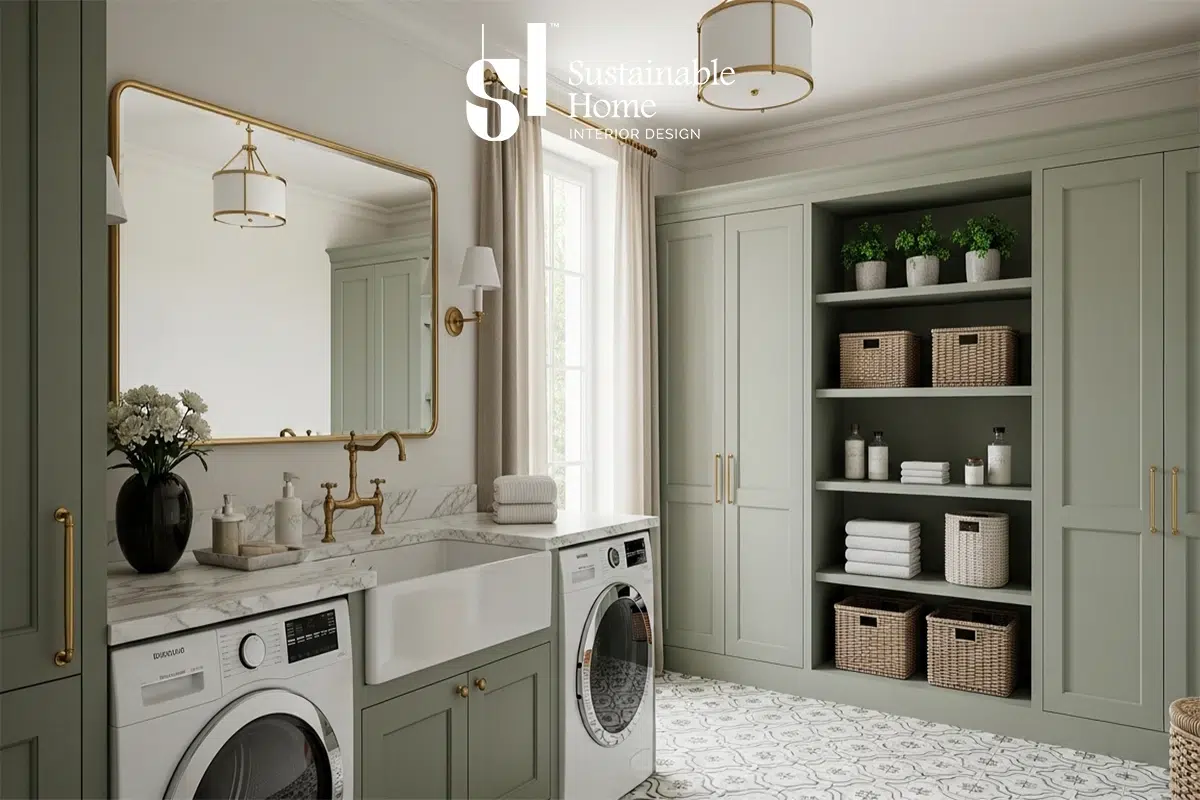 ديكور غرفة غسيل فخمة في فيلا سعودية 2026 تجمع بين الرخام والخشب المعالج مع حلول تخزين رأسية وأرفف منظمة