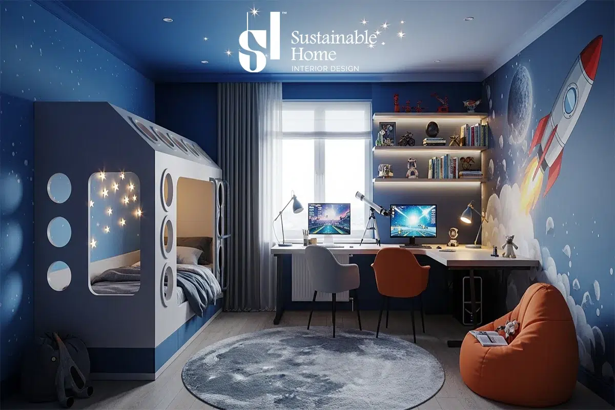 ديكور غرفة نوم شباب مودرن في الرياض بتصميم صناعي فخم يدمج مساحة جيمنج (Gaming) وحلول تقنية ذكية من المنزل المستدام.