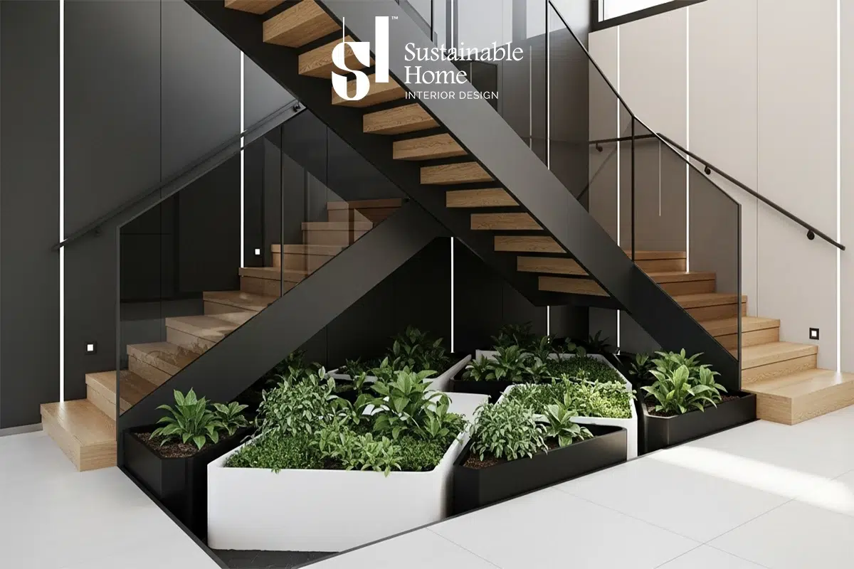 فكرة مبتكرة لاستغلال المساحة تحت الدرج الداخلي في فيلا بالرياض عبر تصميم حديقة ذكية