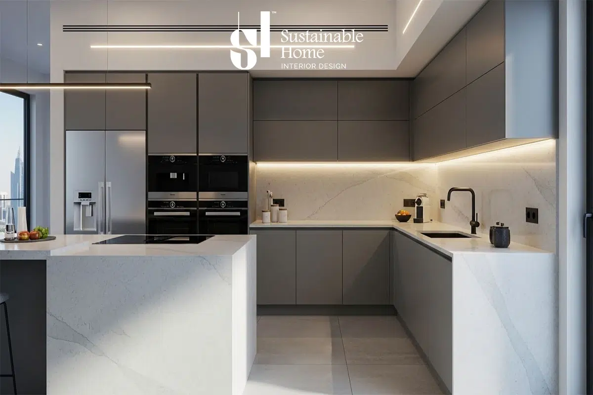 تصميم مطبخ حديث في الرياض لفيلا فاخرة بحي حطين، يبرز دمج أسطح الكوارتز المستدام مع الإضاءة الذكية المتوافقة مع كود البناء السعودي 2026 من تنفيذ المنزل المستدام