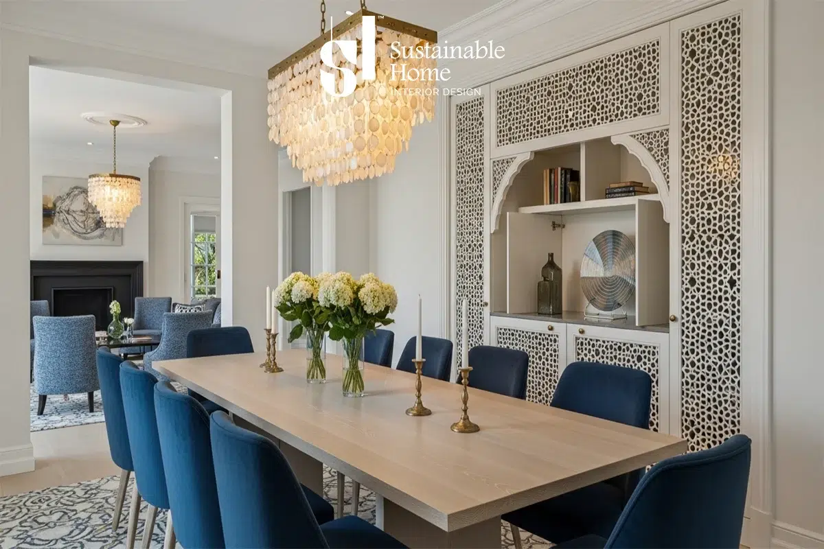 Eco-friendly villa interior design in Riyadh integrating invisible smart home technology and thermally adaptive materials according to the Saudi Building Code (SgBC 1001)