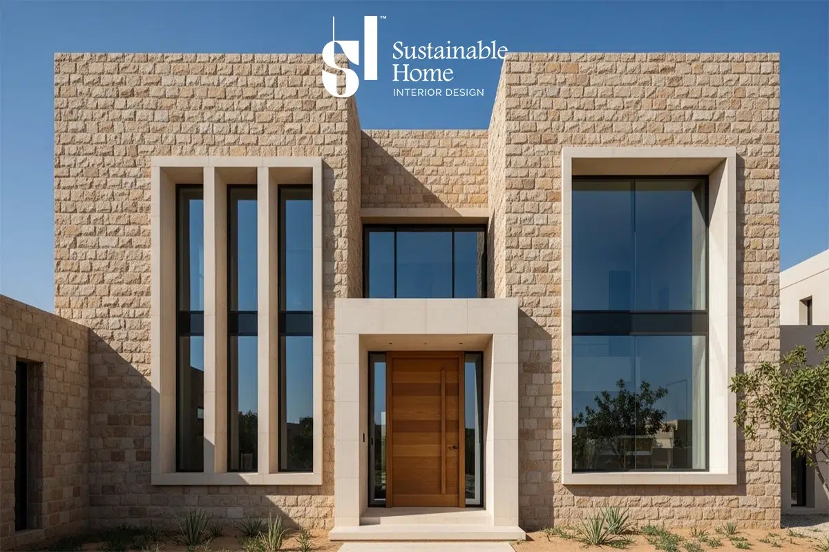 Modern simple 2 floor house design in Riyadh featuring Mostadam-compliant thermal insulation and luxury stone finishes for 2026 trends