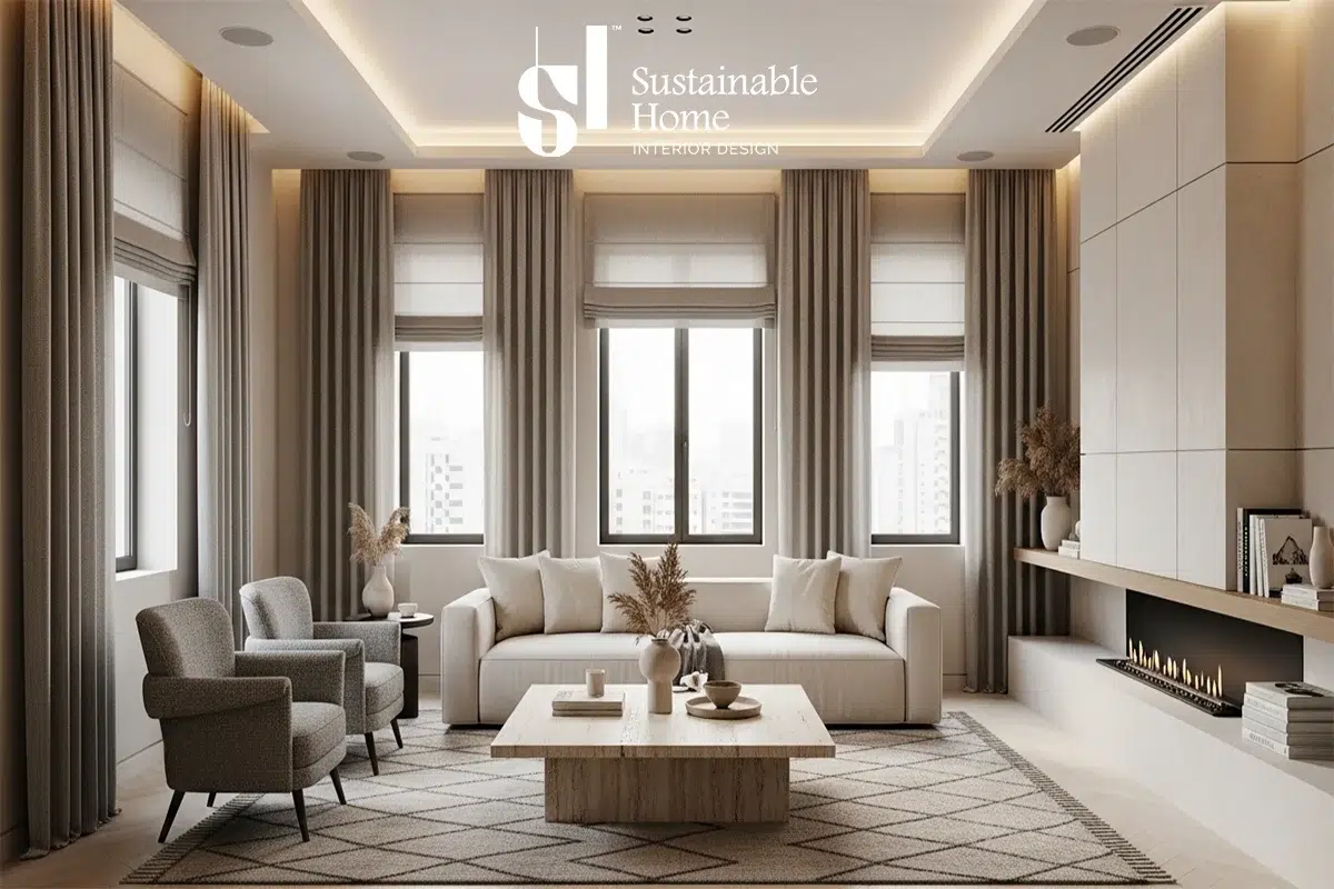 Modern two bedroom living room design in Riyadh 2026 by Sustainable Home