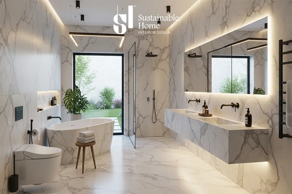 تصميم حمام مودرن فاخر في فيلا بالرياض 2026 يجمع بين الرخام الطبيعي والإضاءة الذكية من تنفيذ المنزل المستدام