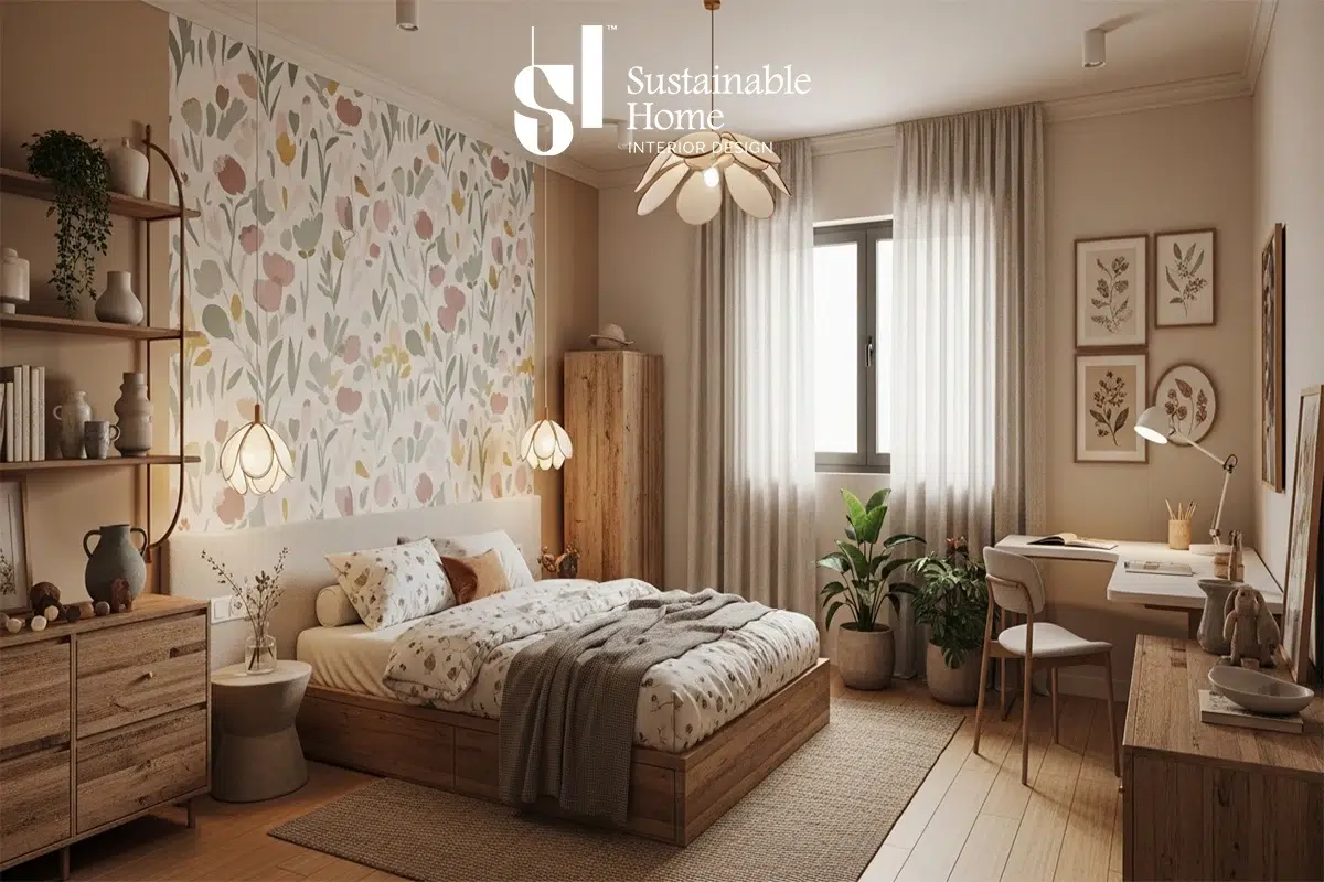 تصميم داخلي لغرفة نوم بنات مودرن في الرياض يعتمد صيحة Wild Blooms لعام 2026، مع إضاءة ذكية طبقية وخامات مستدامة مطابقة لنظام Mostadam