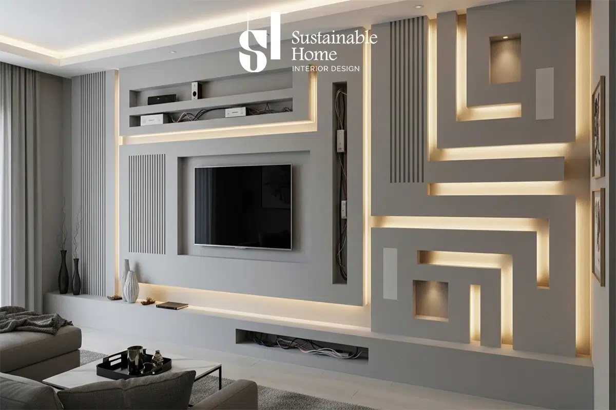 تصميم ديكورات جبس للتلفاز توضح طريقة إخفاء الأسلاك وتركيب إضاءة LED المخفية