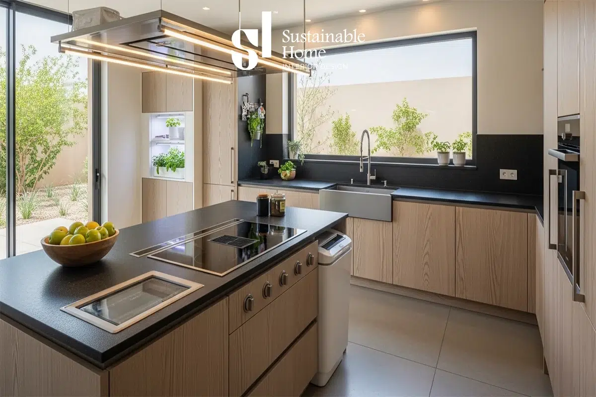 تصميم مطبخ جزيرة فاخر في فيلا بحي حطين الرياض 2026 مع أسطح كوارتز مستدامة وفواصل زجاجية ذكية لعزل الروائح.