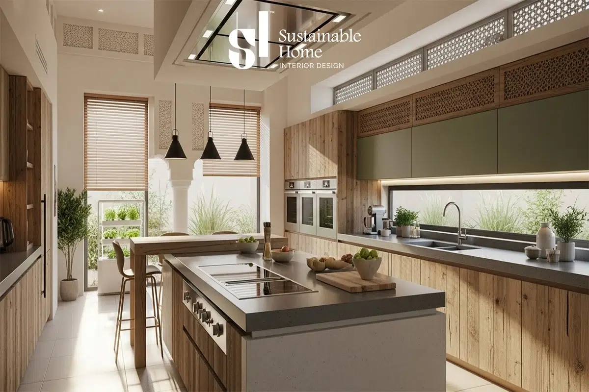 تصميم مطبخ مودرن مستدام في الرياض لعام 2026 يطبق معايير نظام مستدام بخامات Low-VOC وتكنولوجيا الإضاءة الذكية المدمجة.