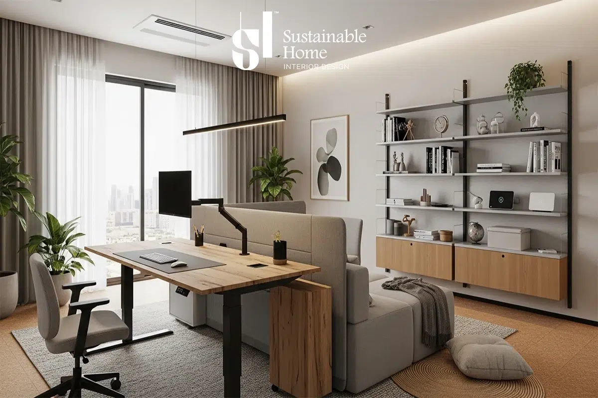 تصميم مكتب منزلي ذكي في حي العقيق الرياض يعتمد على الأثاث الهجين (Hybrid Furniture) وخامات Low-VOC لضمان بيئة عمل صحية ومستدامة.