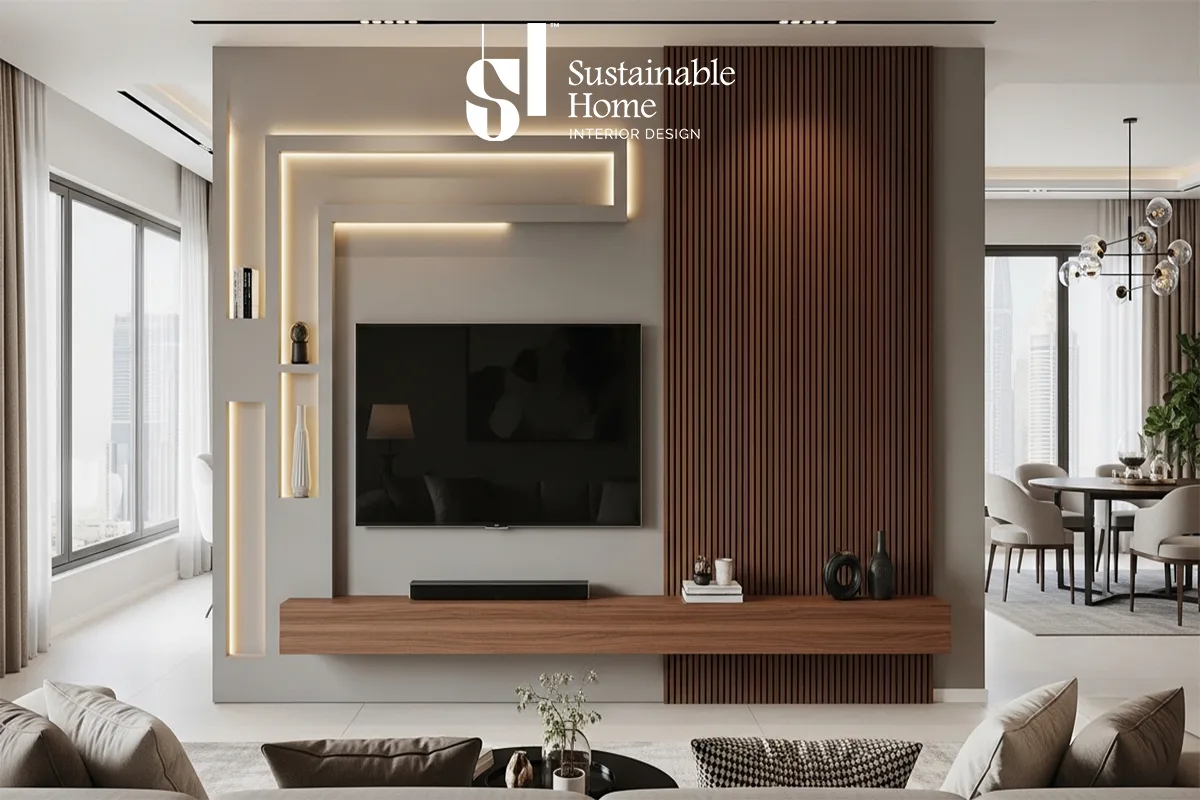 ديكور تلفزيون مودرن 2026 في صالة جلوس بالرياض يدمج الجبس بورد مع بديل الخشب