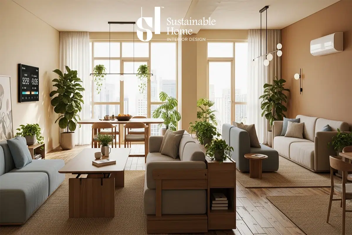 ديكور غرفة معيشة مودرن في الرياض من تنفيذ "المنزل المستدام" تعتمد خامات Low-VOC ودهانات صديقة للبيئة تماشياً مع كود البناء السعودي 2026.