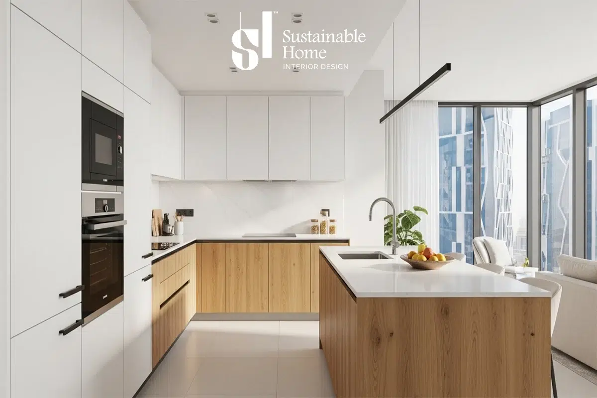 أفضل ألوان مطابخ خشب لونين (أبيض وبلوط) لشقة عصرية في حي العقيق بالرياض 2026