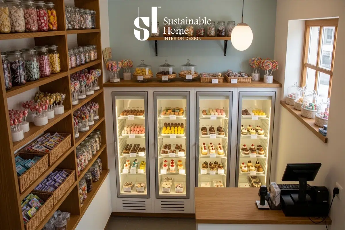 تصميم ديكور محل حلويات صغير وبسيط في الرياض 2026 يوضح استخدام العرض الرأسي وثلاجات الحلويات المدمجة