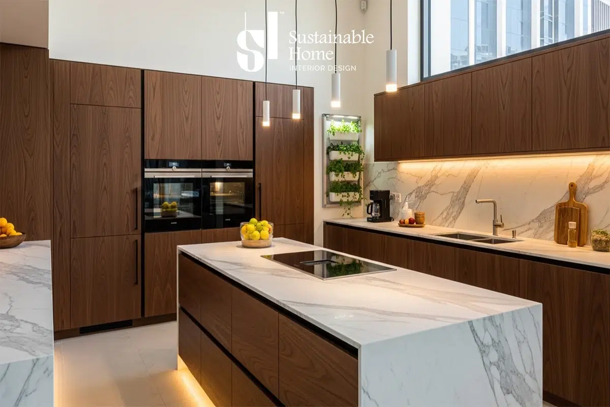 تصميم مطبخ خشب مودرن في الرياض يدمج بين لون الجوز الداكن والرخام الطبيعي 2026