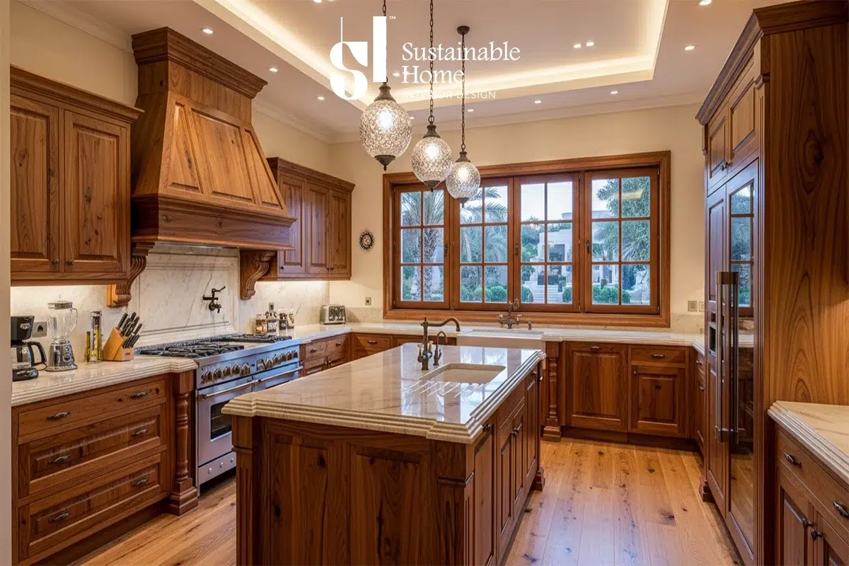 "مطبخ خشبي لفيلا في شمال الرياض 2026 بـ 'جزيرة' ضخمة، يبرز تفاصيل الخشب الطبيعي والإضاءة الطبقية المتوافقة مع كود البناء السعودي