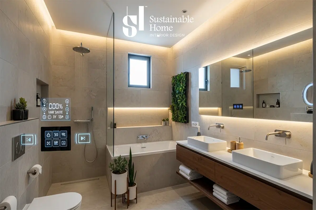 ديكور حمام مودرن بتصميم حي (Biophilic Design) في الرياض، يستخدم خامات 2026