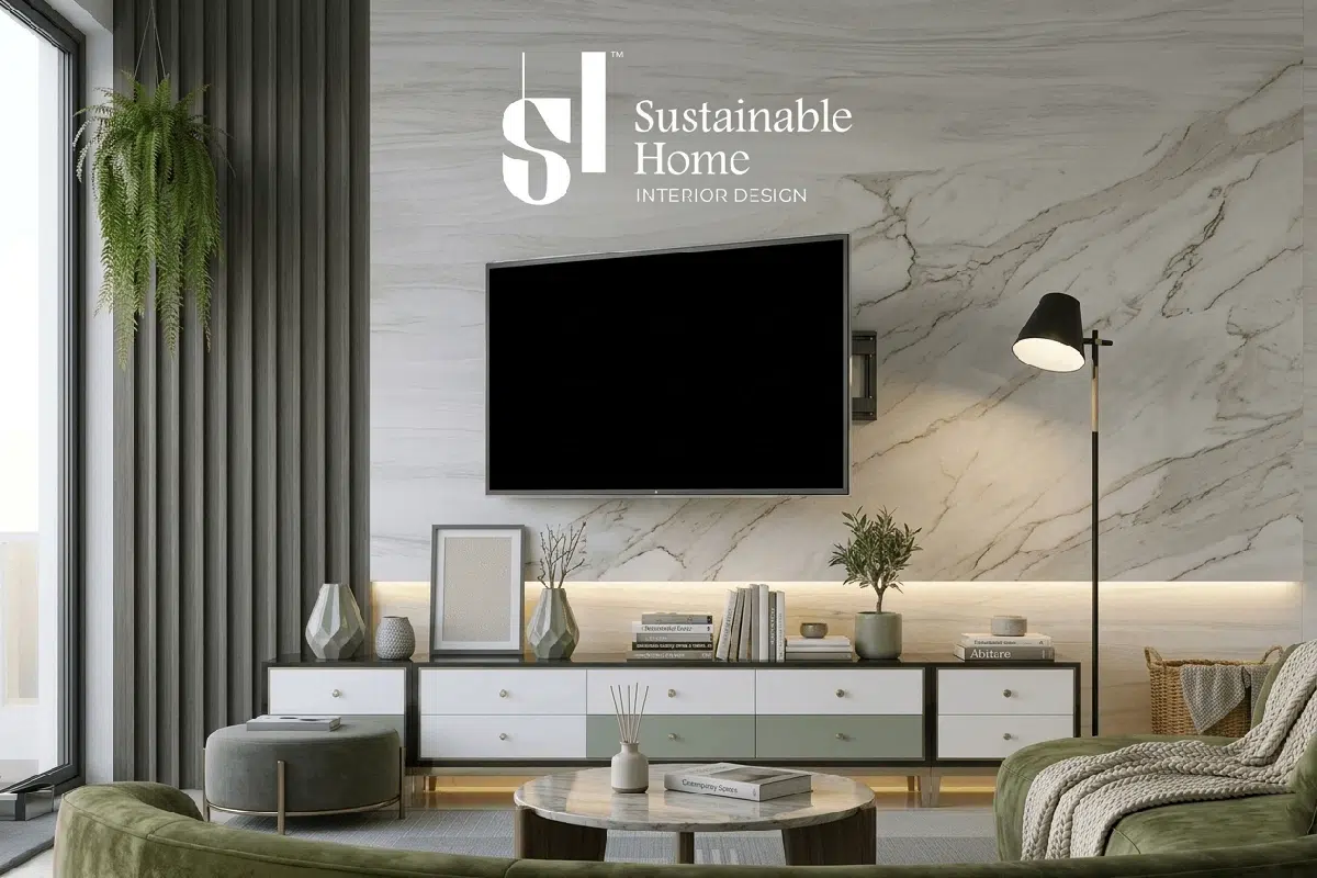 أحدث تصاميم ديكور شاشة بسيط لعام 2026 في الرياض يجمع بين بديل الخشب وبديل الرخام بأسلوب المودرن السعودي