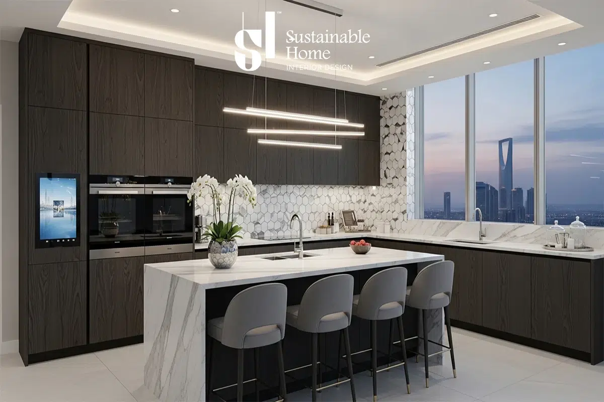 أفضل أفكار تصميم مطبخ امريكي صغير في شقق الرياض2026 تبرز حلول التخزين الرأسي والجزيرة الوسطية متعددة الوظائف