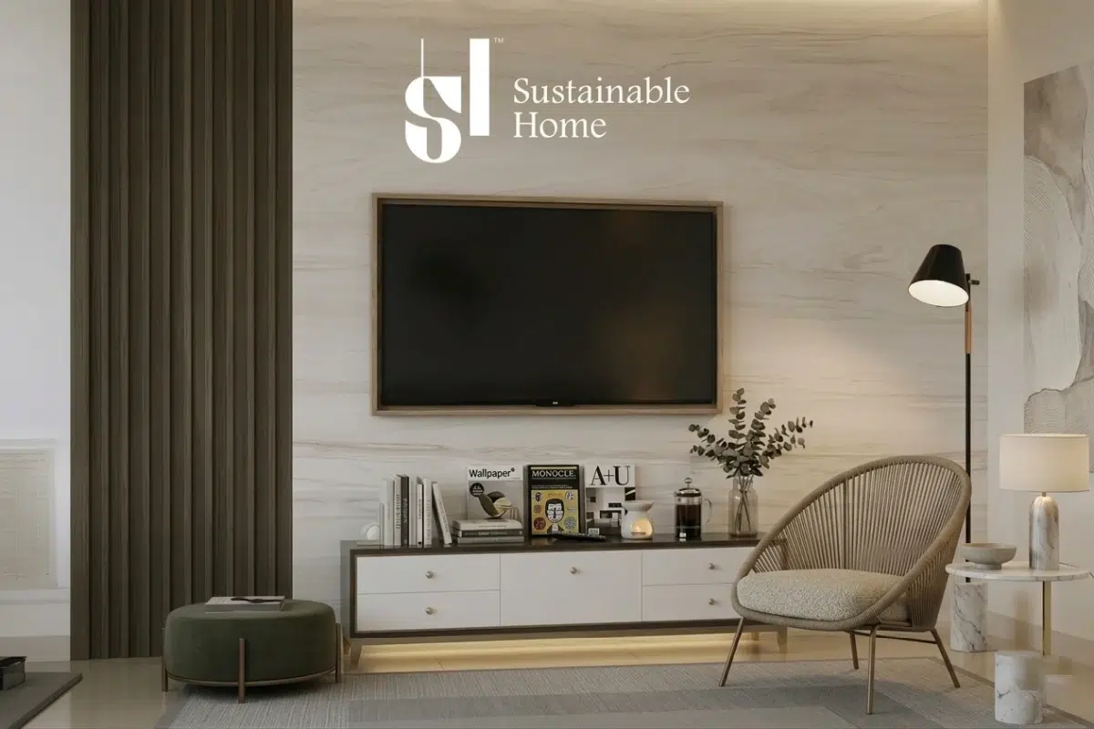 تصميم ديكور شاشة بسيط للمساحات الصغيرة في شقق الرياض باستخدام أرفف معلقة لاستغلال مساحة الحائط بذكاء