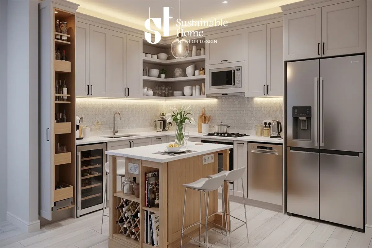 تصميم مطبخ امريكي مودرن 2026 في الرياض يوضح انفتاح المطبخ على الصالة