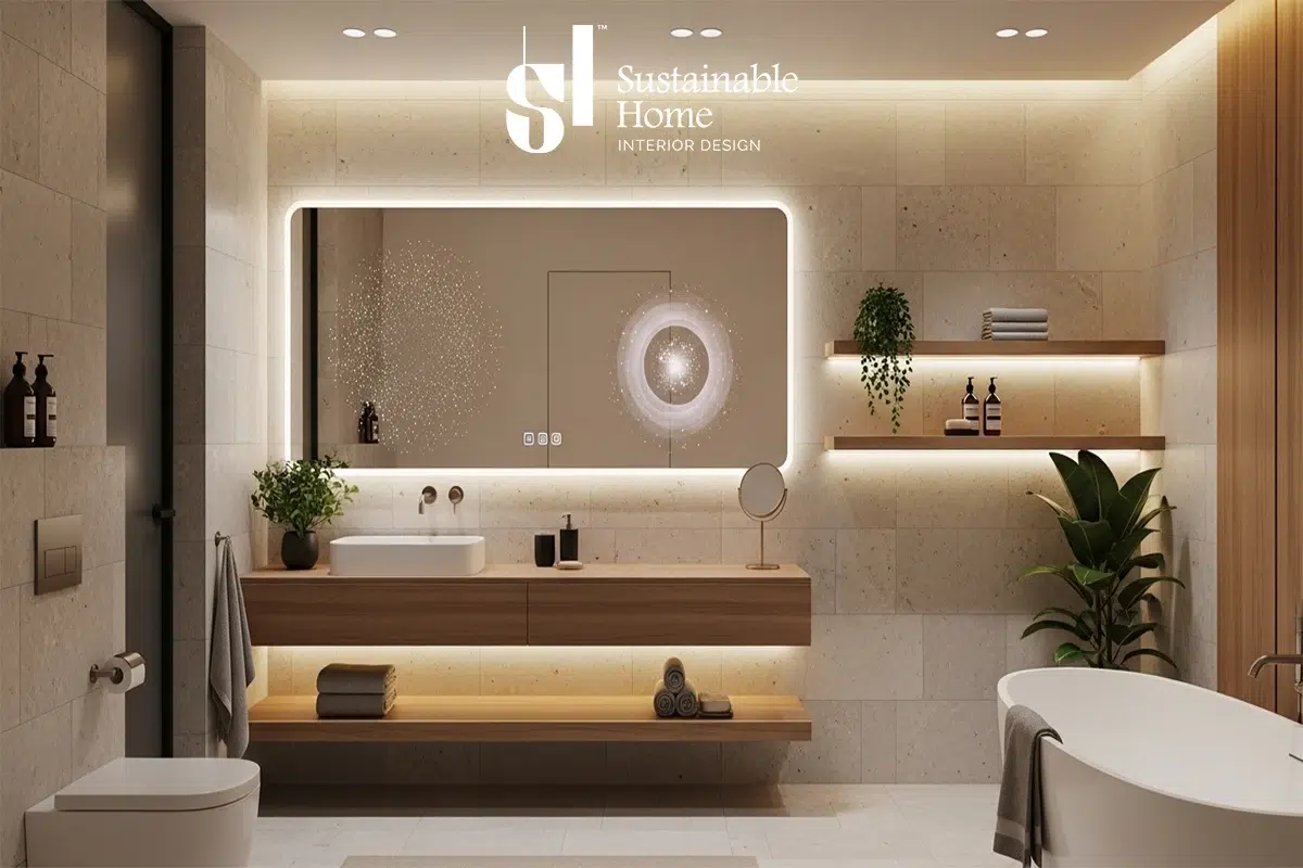 ديكور حمام مودرن 2026 في الرياض مع مرايا ذكية من تصميم المنزل المستدام