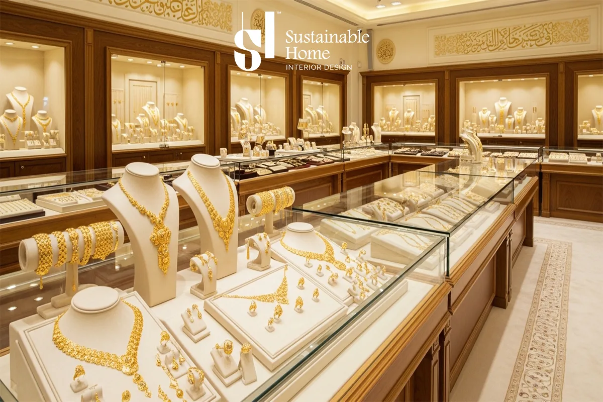 ديكورات محلات ذهب في السعودية تعتمد على الإضاءة الدافئة والفترينات الواسعة لعرض المشغولات الذهبية.