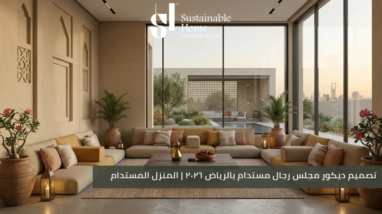 تصميم ديكور مجلس رجال مودرن في الرياض لعام 2026 بتوقيع المنزل المستدام يبرز الفخامة السعودية المستدامة والأناقة القائمة على الأداء
