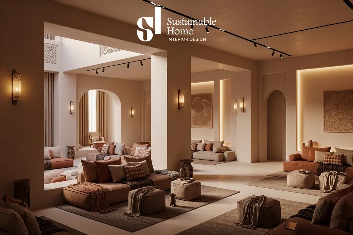 ديكورات مجالس رجال الرياض بتصميم داخلي صديق للبيئة يلتزم بمعايير نظام مستدام مع دهانات وأحجار طبيعية محلية