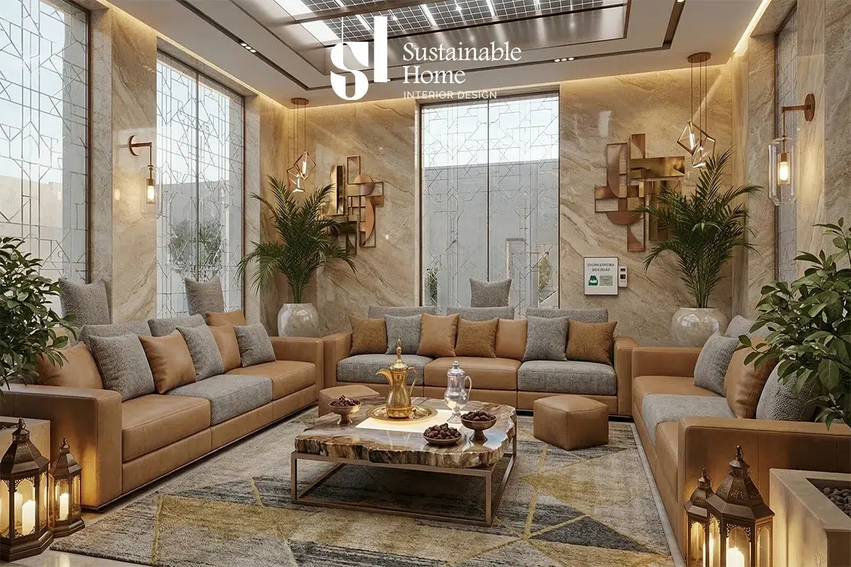 تصميم مجلس رجال مودرن في فيلا بحي حطين بالرياض يبرز الفخامة المستدامة مع إضاءة ذكية مخفية وأثاث من خشب الزان المستدام، متوافق مع معايير نظام مستدام لعام 2026