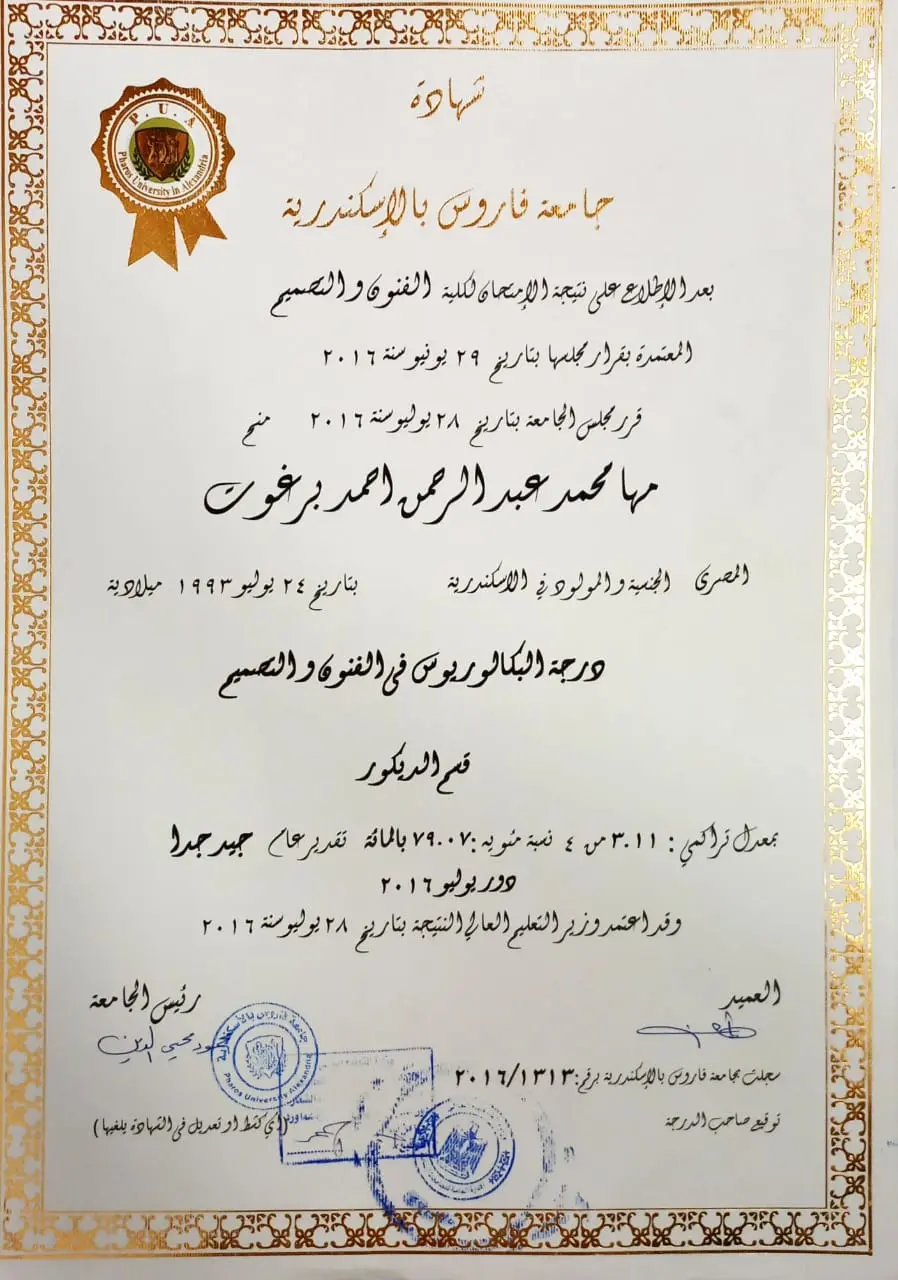 شهادة البكالوريس في التصميم الداخلي والديكور جامعة فاورس بالاسكندرية - مها برغوت